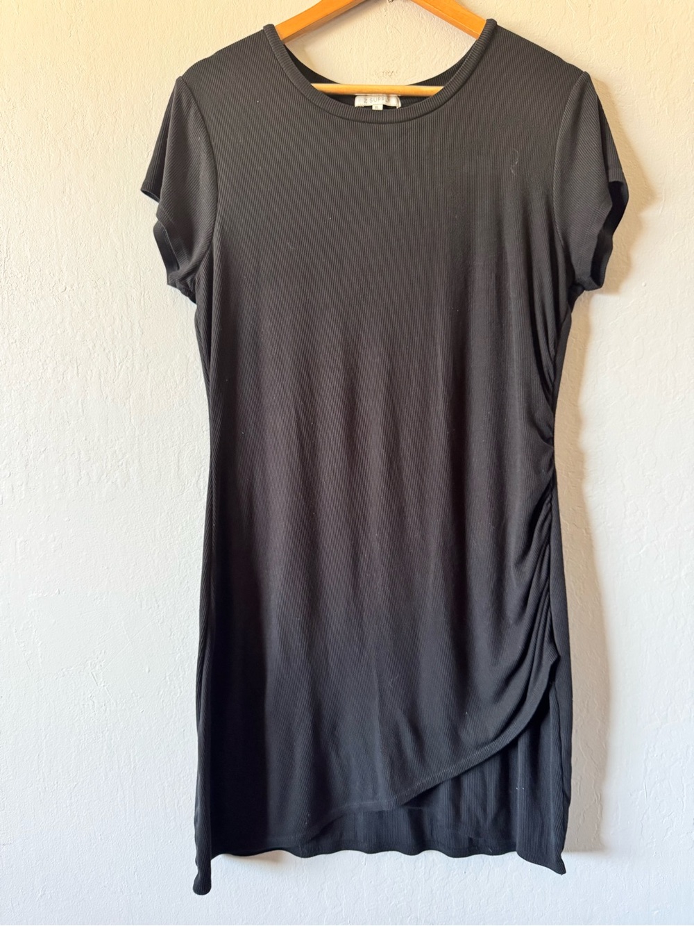 Z Supply Black Micro Ribbed Short Sleeve Casual Short Dress with Side Ruching XL